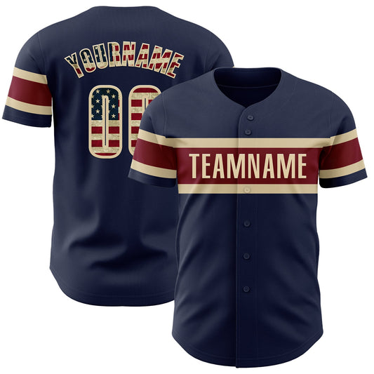 Custom Navy Vintage USA Flag Cream-Crimson Authentic Baseball Jersey - Main View