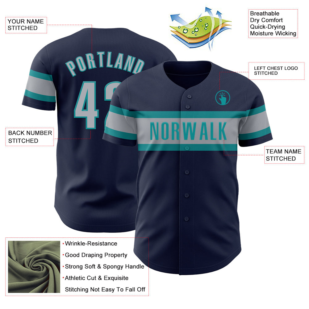 Custom Navy Gray-Teal Authentic Baseball Jersey view 3