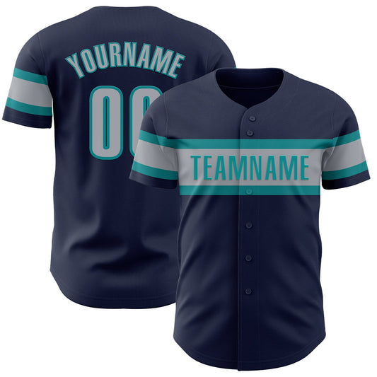Custom Navy Gray-Teal Authentic Baseball Jersey - Main View