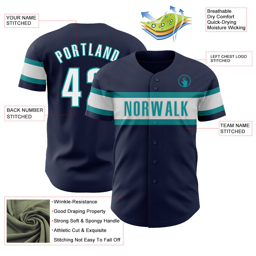Custom Navy White-Teal Authentic Baseball Jersey view 3