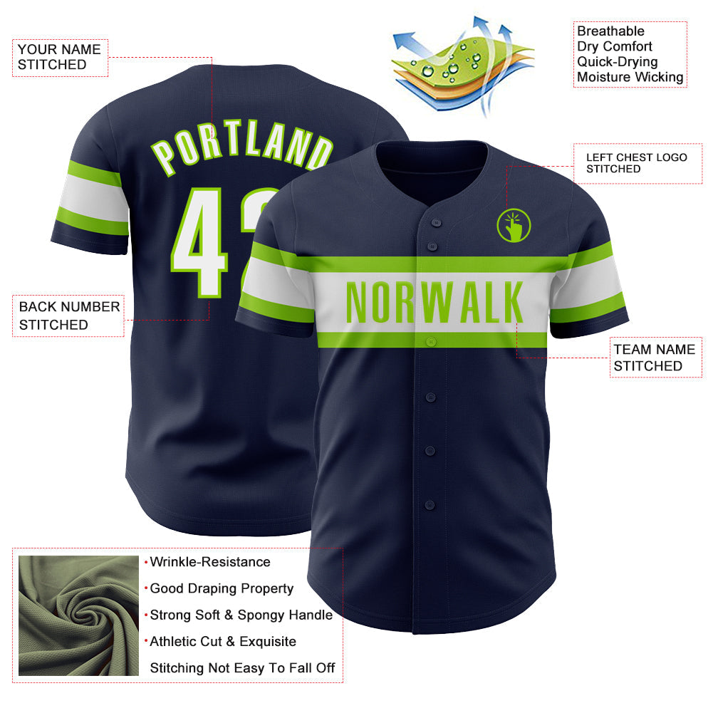 Custom Navy White-Neon Green Authentic Baseball Jersey view 3