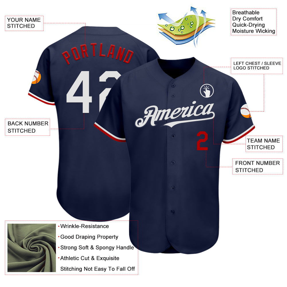 Custom Navy White-Red Authentic Baseball Jersey view 3