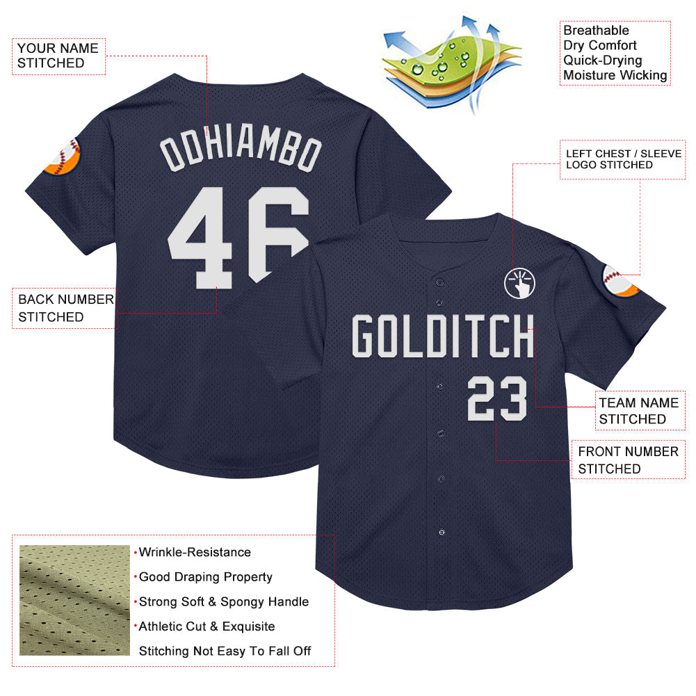 Custom Navy White Mesh Authentic Throwback Baseball Jersey view 3