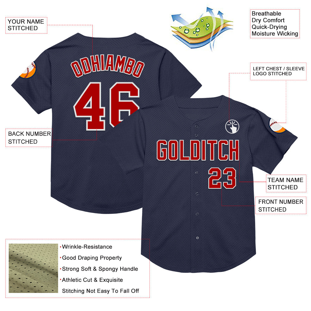Custom Navy Red-White Mesh Authentic Throwback Baseball Jersey view 3