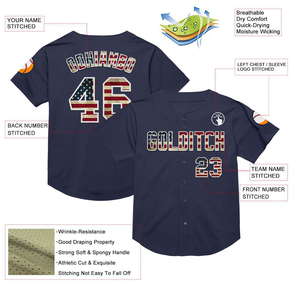 Custom Navy Vintage USA Flag-White Mesh Authentic Throwback Baseball Jersey view 3