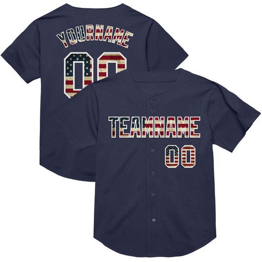 Custom Navy Vintage USA Flag-White Mesh Authentic Throwback Baseball Jersey - Main View
