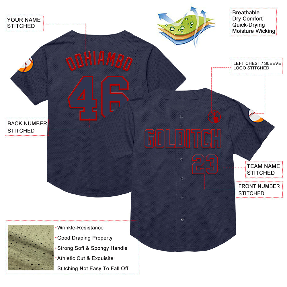 Custom Navy Red Mesh Authentic Throwback Baseball Jersey view 3
