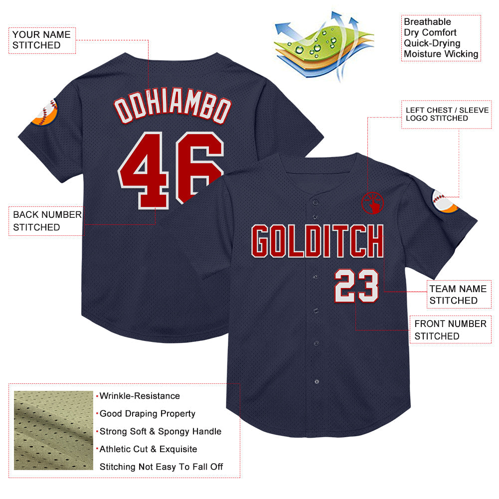 Custom Navy Red-White Mesh Authentic Throwback Baseball Jersey view 3