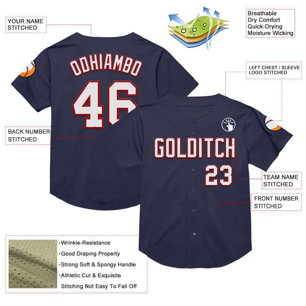 Custom Navy White-Red Mesh Authentic Throwback Baseball Jersey view 3