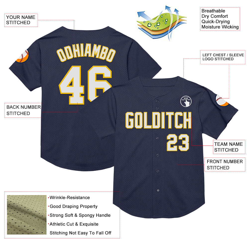 Custom Navy White-Yellow Mesh Authentic Throwback Baseball Jersey view 3