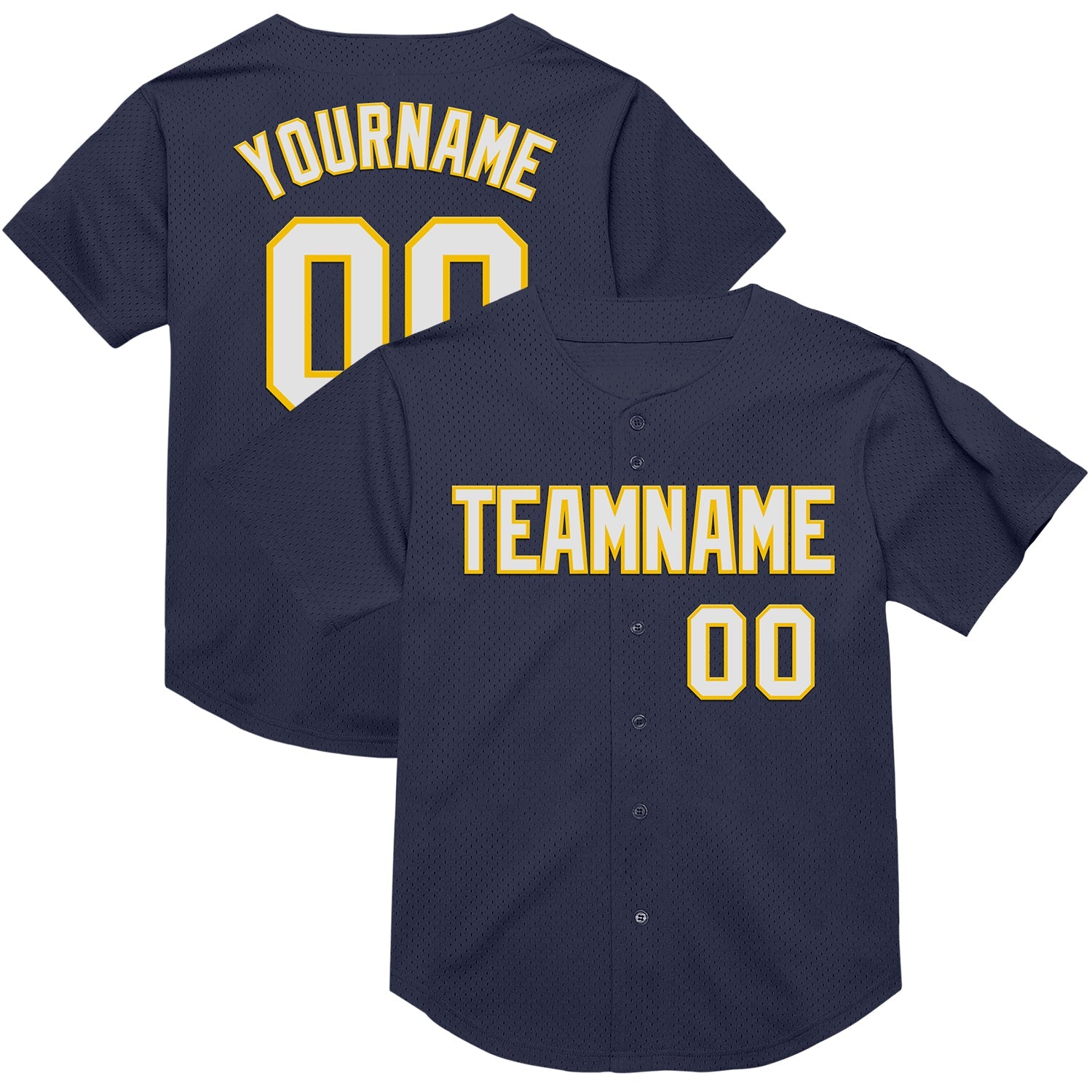 Custom Navy White-Yellow Mesh Authentic Throwback Baseball Jersey - Main View