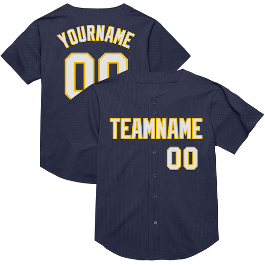 Custom Navy White-Yellow Mesh Authentic Throwback Baseball Jersey - Main View