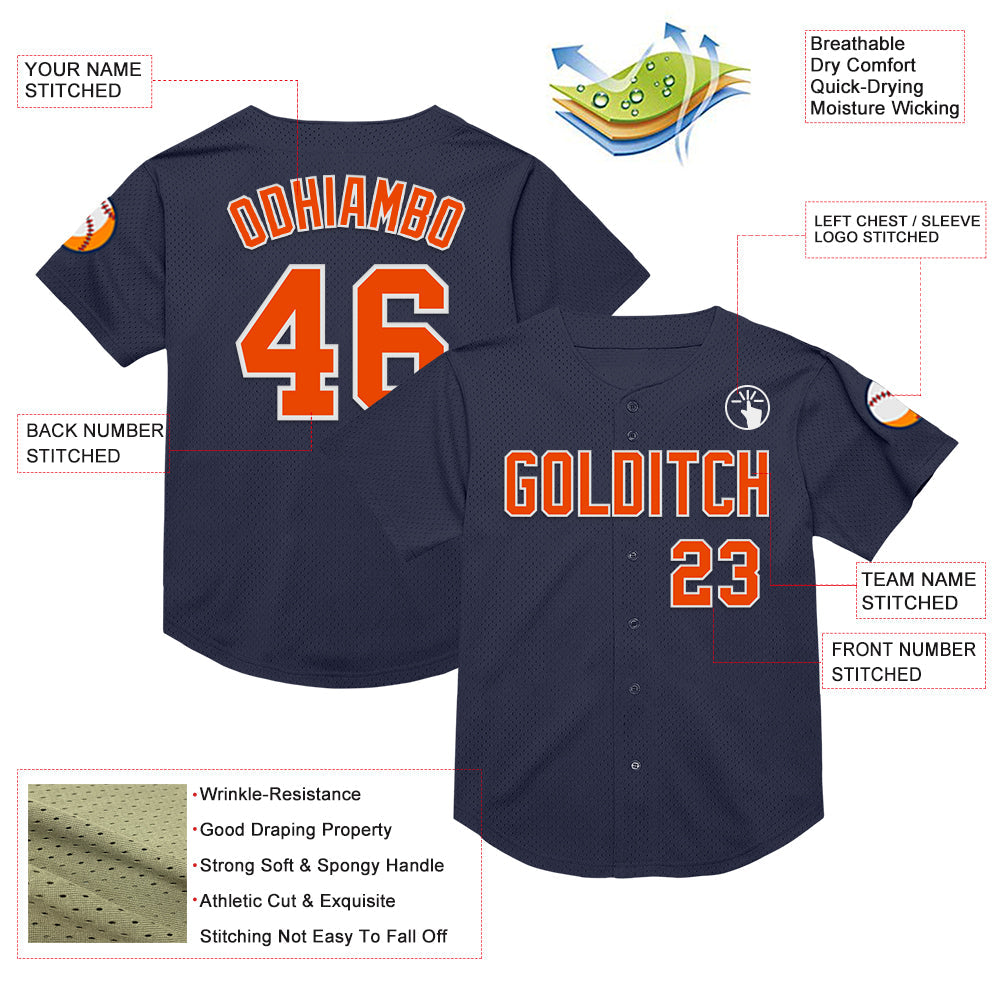 Custom Navy Orange-White Mesh Authentic Throwback Baseball Jersey view 3