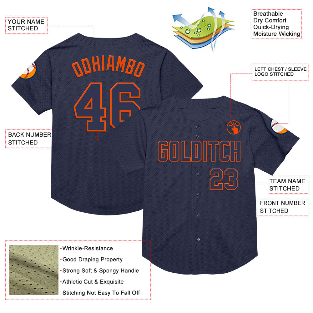 Custom Navy Orange Mesh Authentic Throwback Baseball Jersey view 3