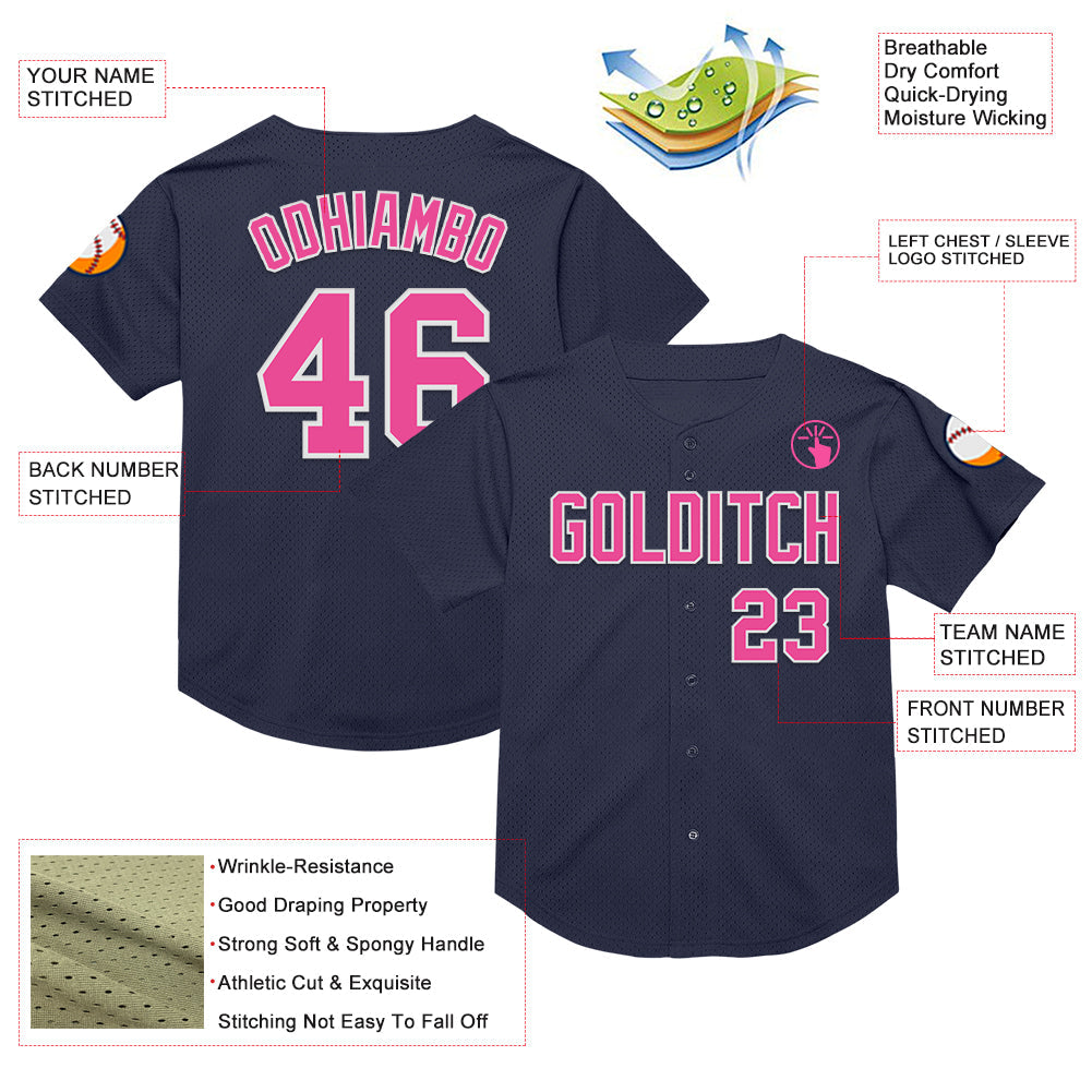 Custom Navy Pink-White Mesh Authentic Throwback Baseball Jersey view 3