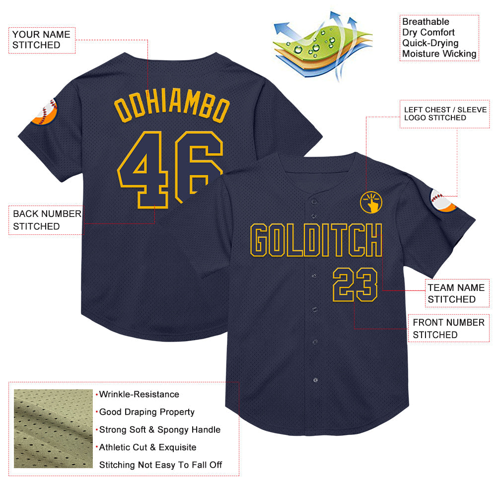 Custom Navy Gold Mesh Authentic Throwback Baseball Jersey view 3