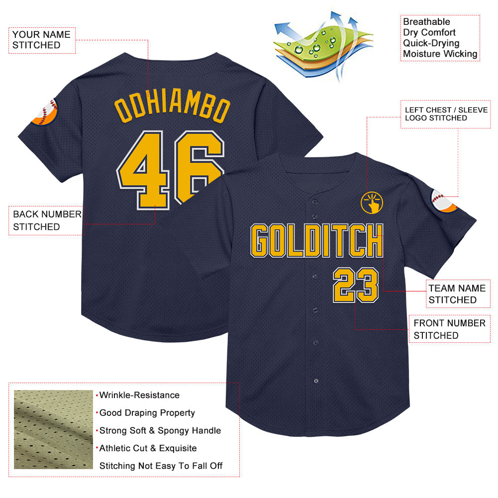 Custom Navy Gold-White Mesh Authentic Throwback Baseball Jersey view 3