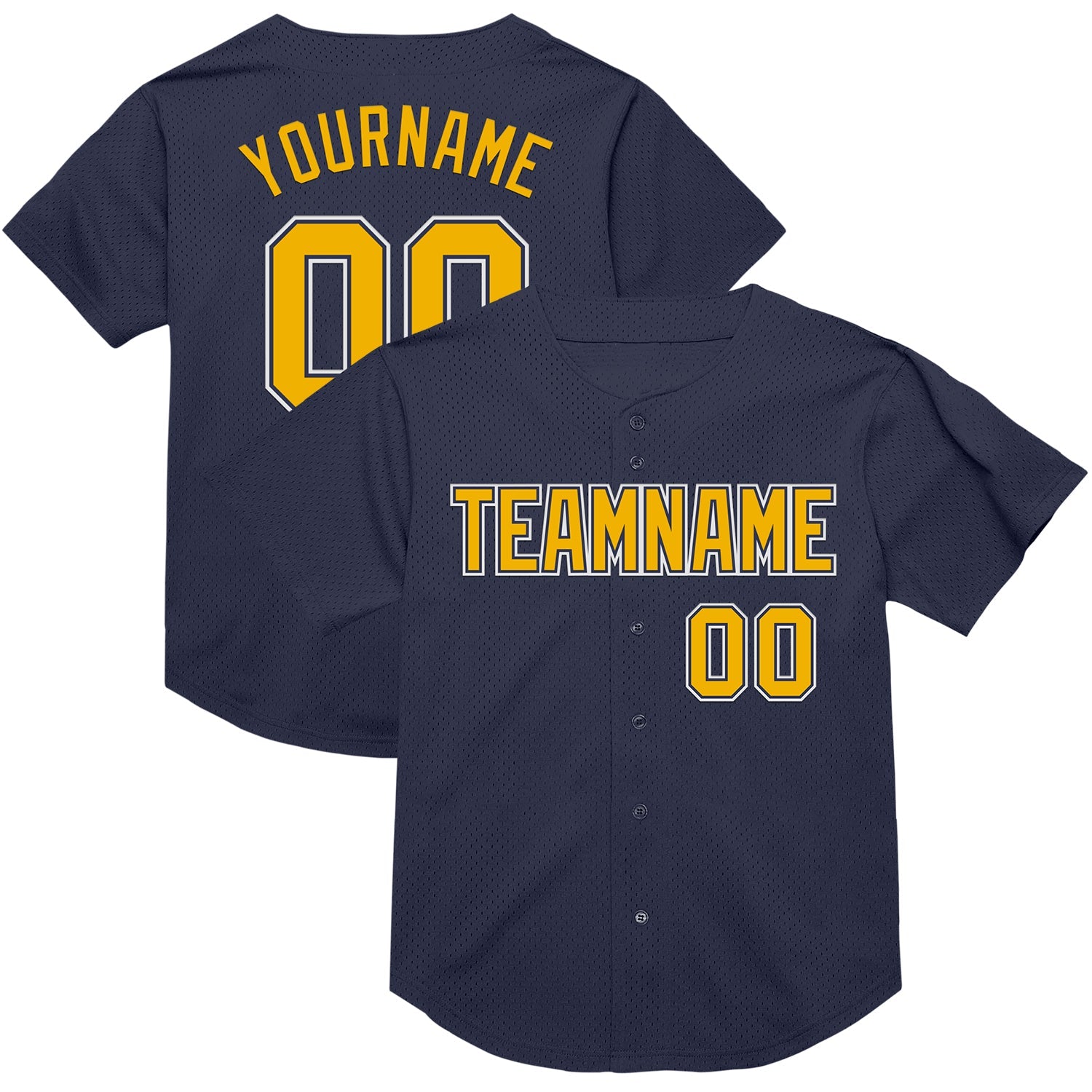Custom Navy Gold-White Mesh Authentic Throwback Baseball Jersey - Main View