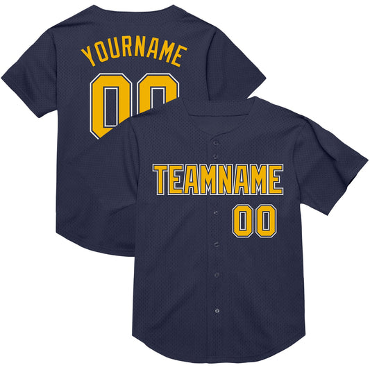 Custom Navy Gold-White Mesh Authentic Throwback Baseball Jersey - Main View