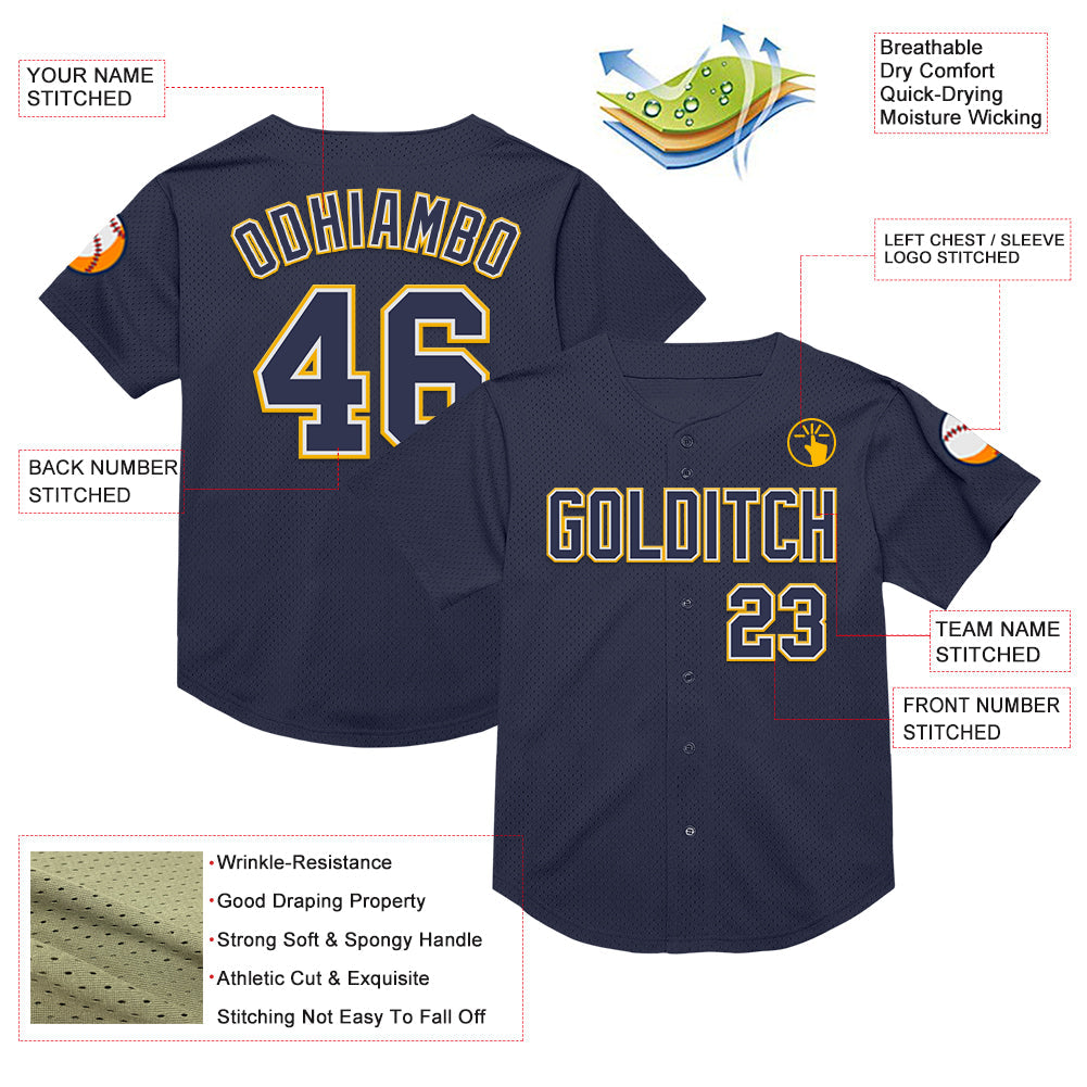 Custom Navy White-Gold Mesh Authentic Throwback Baseball Jersey view 3