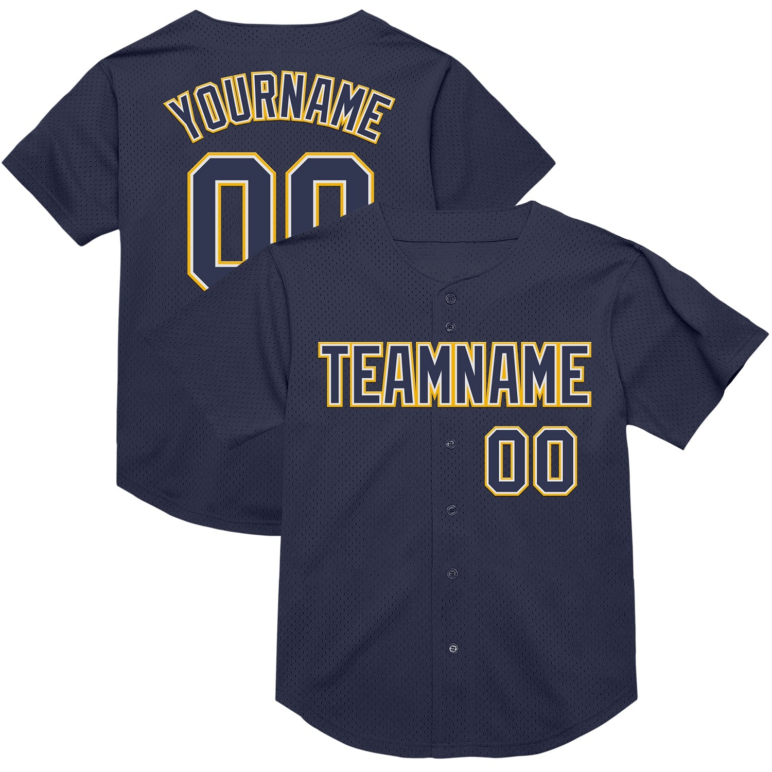 Custom Navy White-Gold Mesh Authentic Throwback Baseball Jersey - Main View