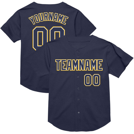 Custom Navy White-Gold Mesh Authentic Throwback Baseball Jersey - Main View