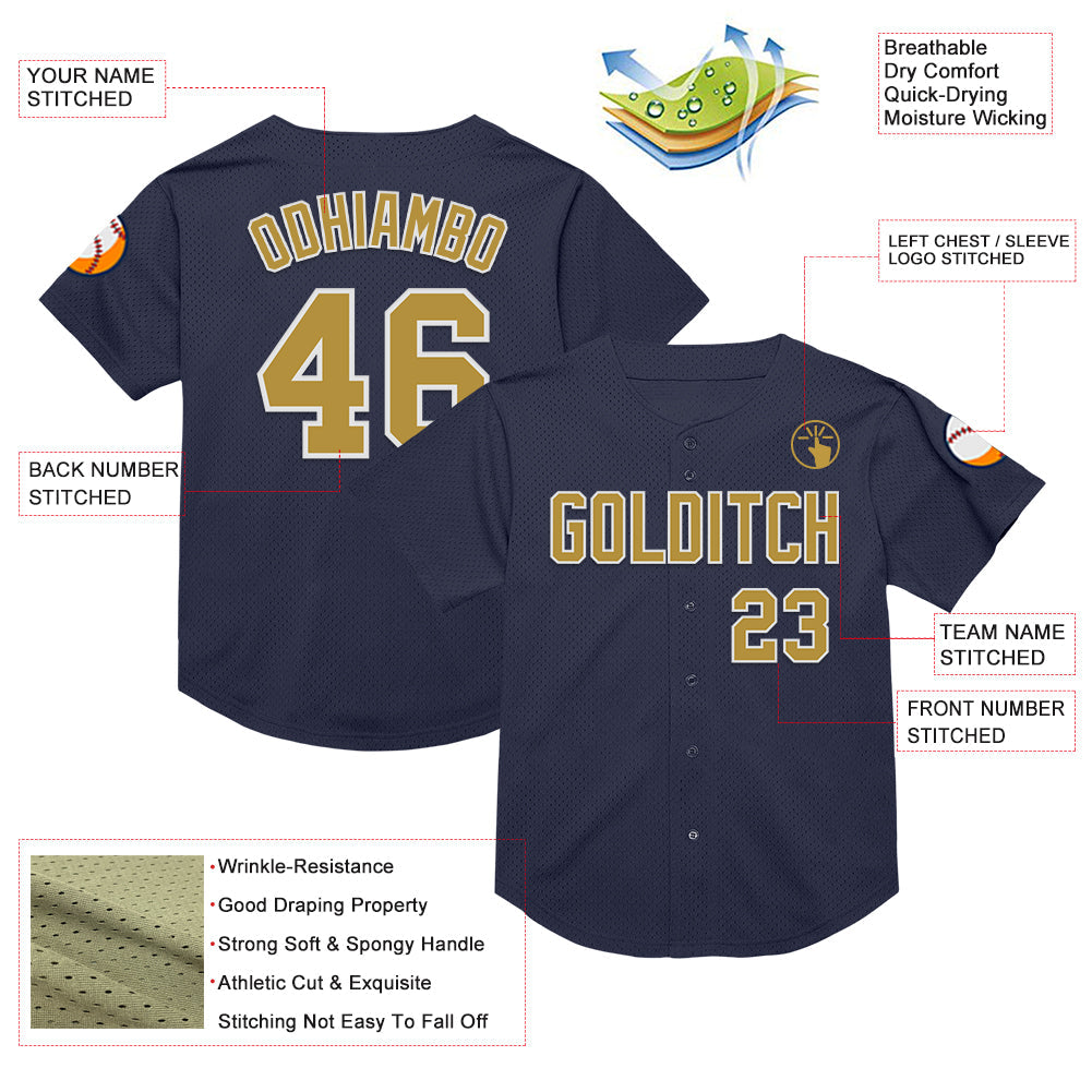 Custom Navy Old Gold-White Mesh Authentic Throwback Baseball Jersey view 3