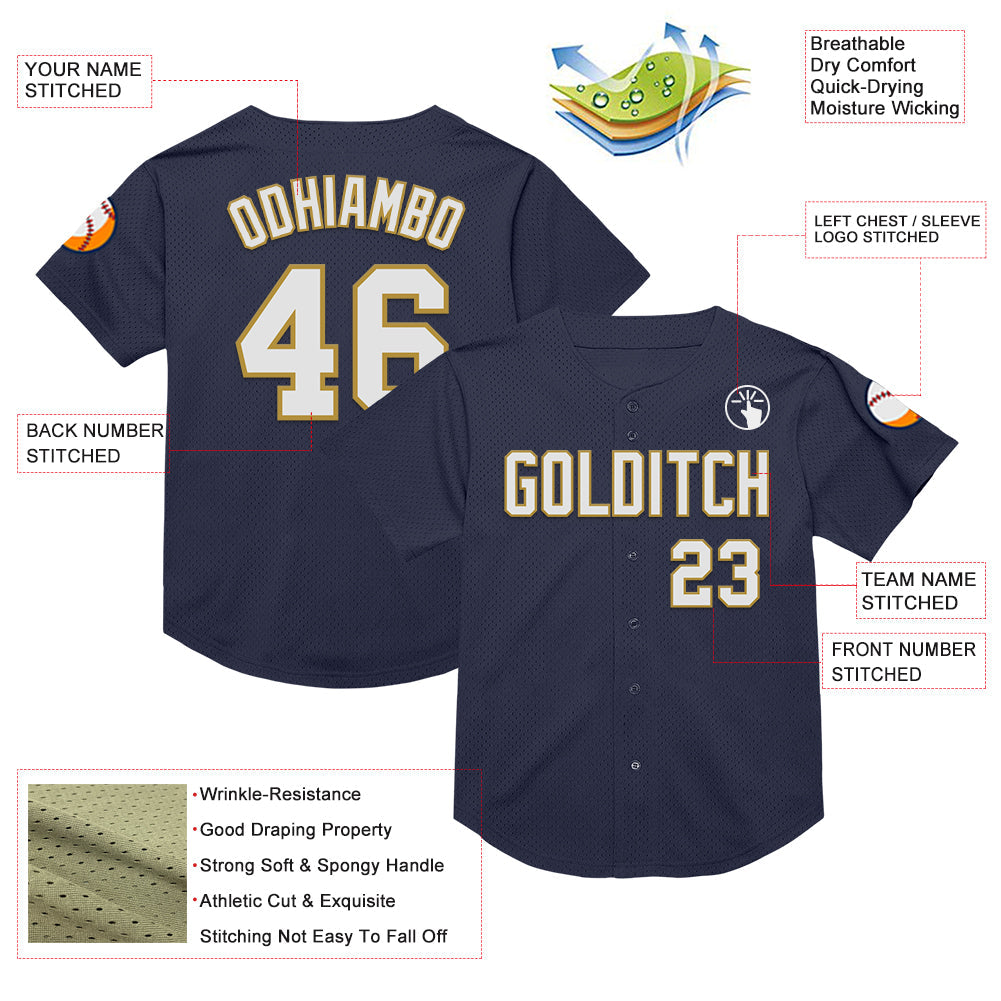 Custom Navy White-Old Gold Mesh Authentic Throwback Baseball Jersey view 3