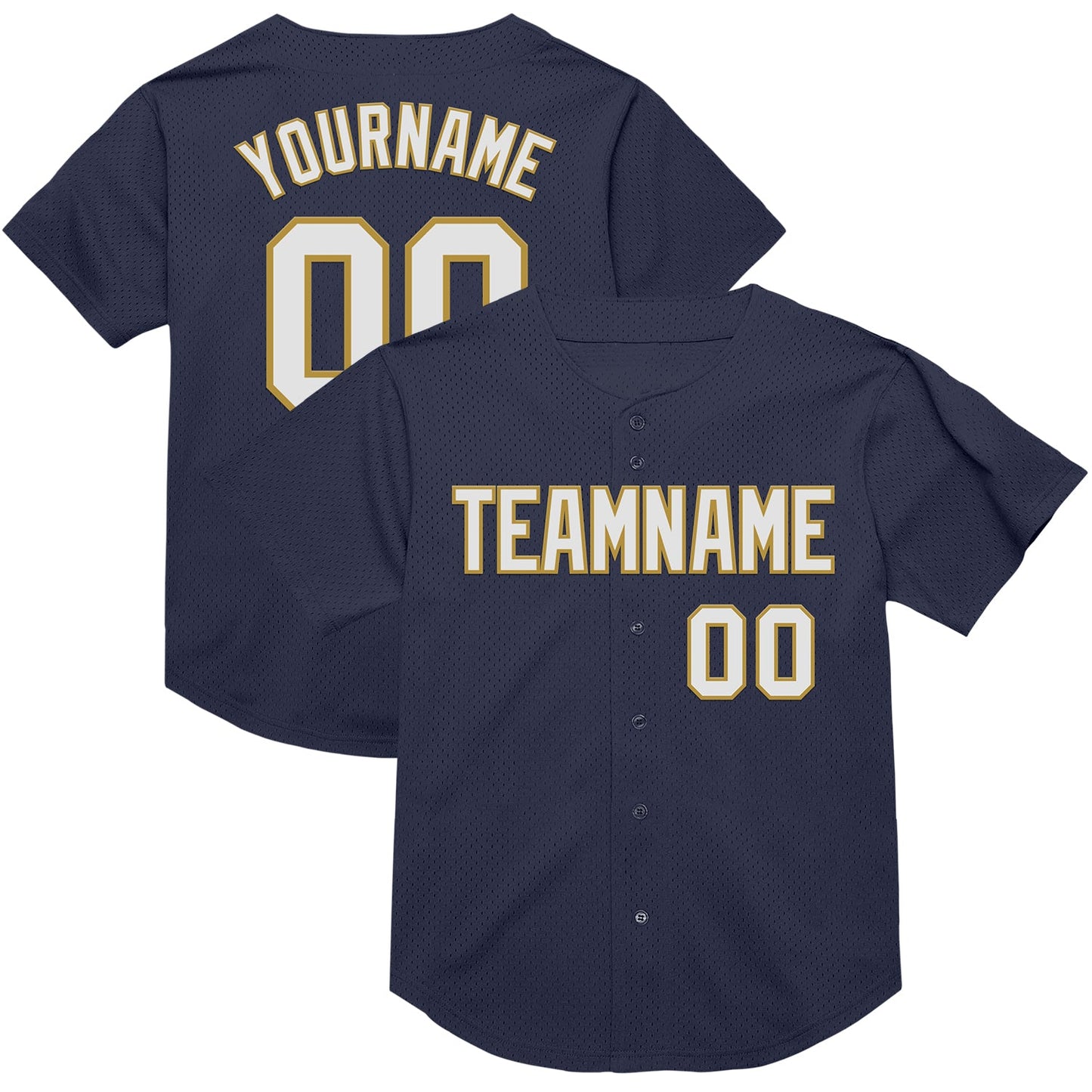 Custom Navy White-Old Gold Mesh Authentic Throwback Baseball Jersey - Main View