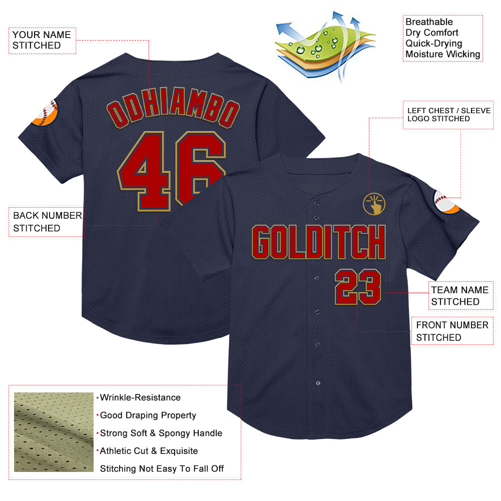 Custom Navy Red-Old Gold Mesh Authentic Throwback Baseball Jersey view 3