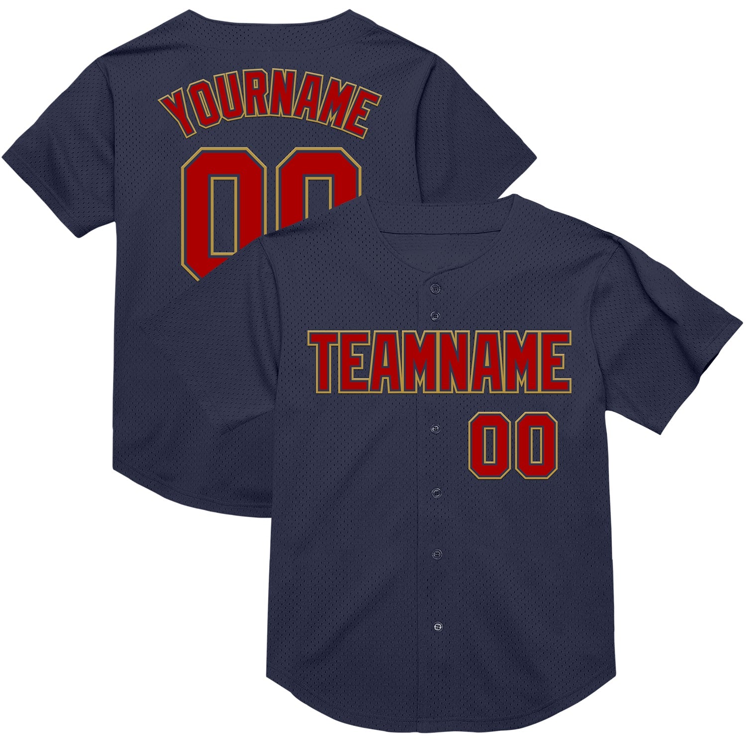 Custom Navy Red-Old Gold Mesh Authentic Throwback Baseball Jersey - Main View