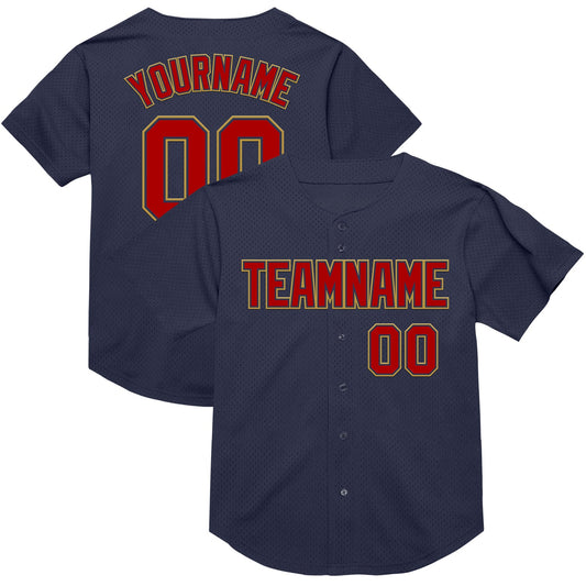 Custom Navy Red-Old Gold Mesh Authentic Throwback Baseball Jersey - Main View