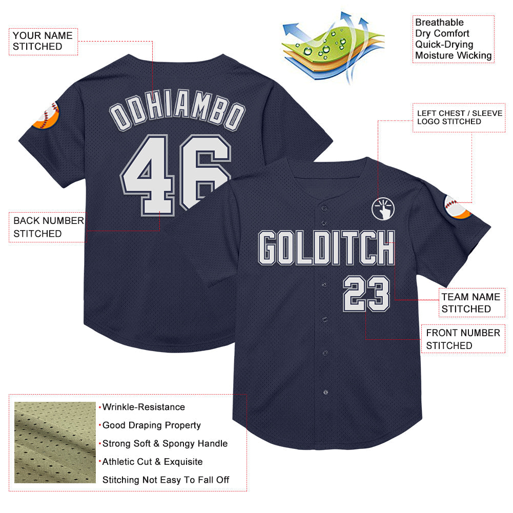 Custom Navy White-Gray Mesh Authentic Throwback Baseball Jersey view 3