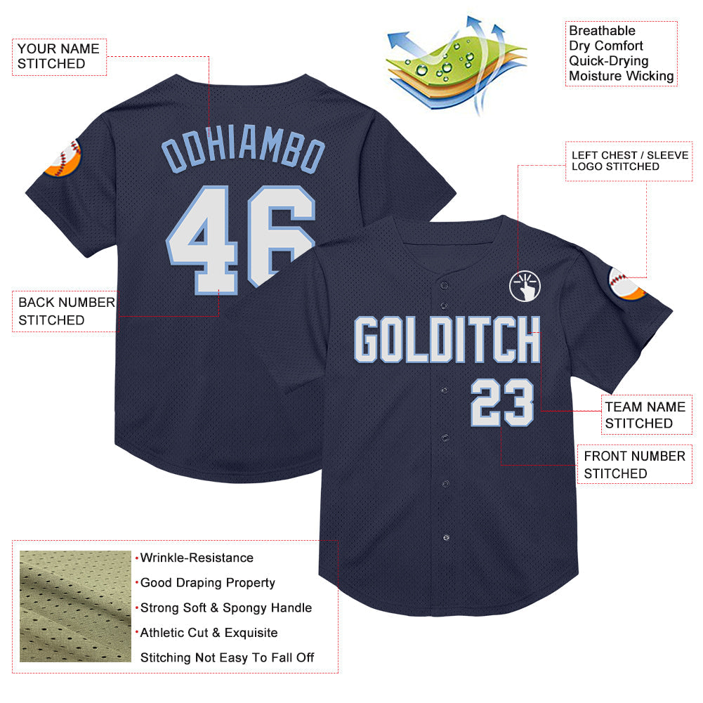 Custom Navy White-Light Blue Mesh Authentic Throwback Baseball Jersey view 3