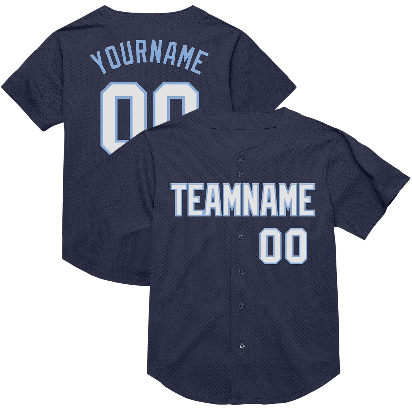 Custom Navy White-Light Blue Mesh Authentic Throwback Baseball Jersey - Main View