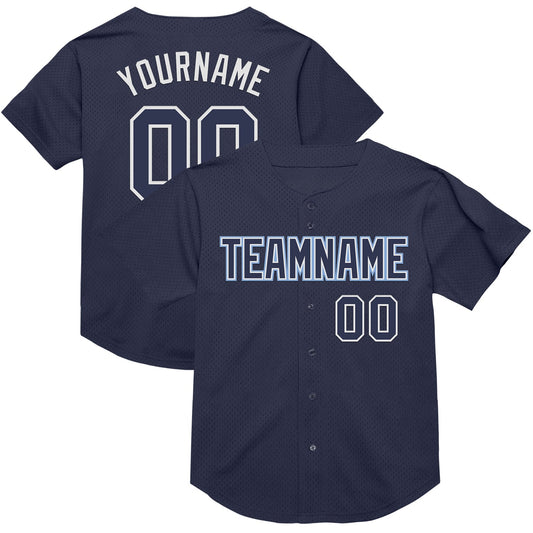 Custom Navy White-Light Blue Mesh Authentic Throwback Baseball Jersey - Main View