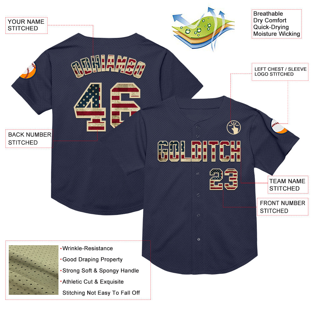 Custom Navy Vintage USA Flag-Cream Mesh Authentic Throwback Baseball Jersey view 3
