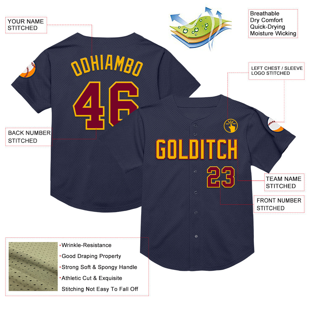 Custom Navy Maroon-Gold Mesh Authentic Throwback Baseball Jersey view 3