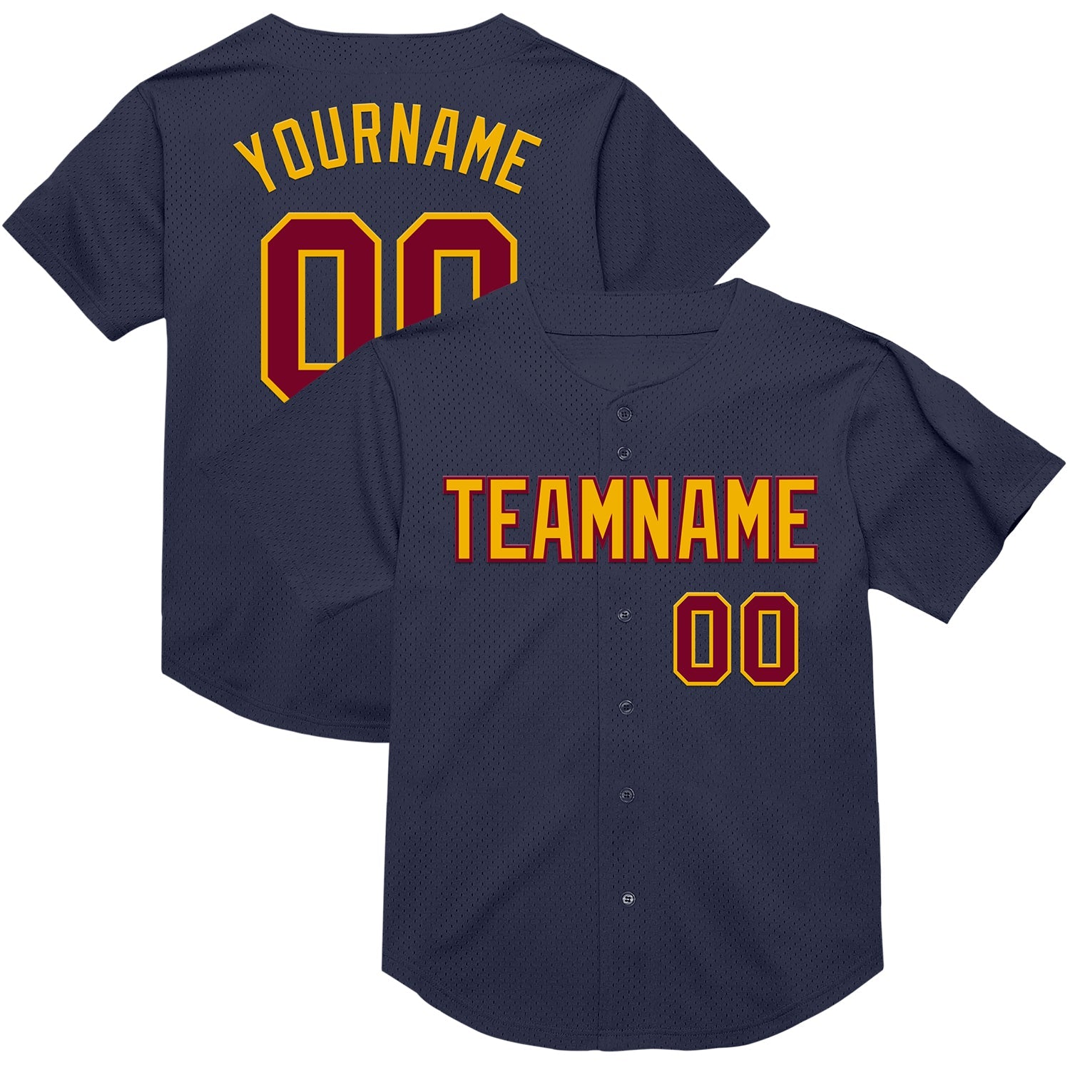 Custom Navy Maroon-Gold Mesh Authentic Throwback Baseball Jersey - Main View