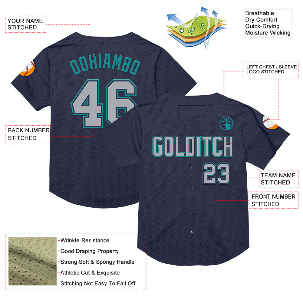Custom Navy Gray-Teal Mesh Authentic Throwback Baseball Jersey view 3