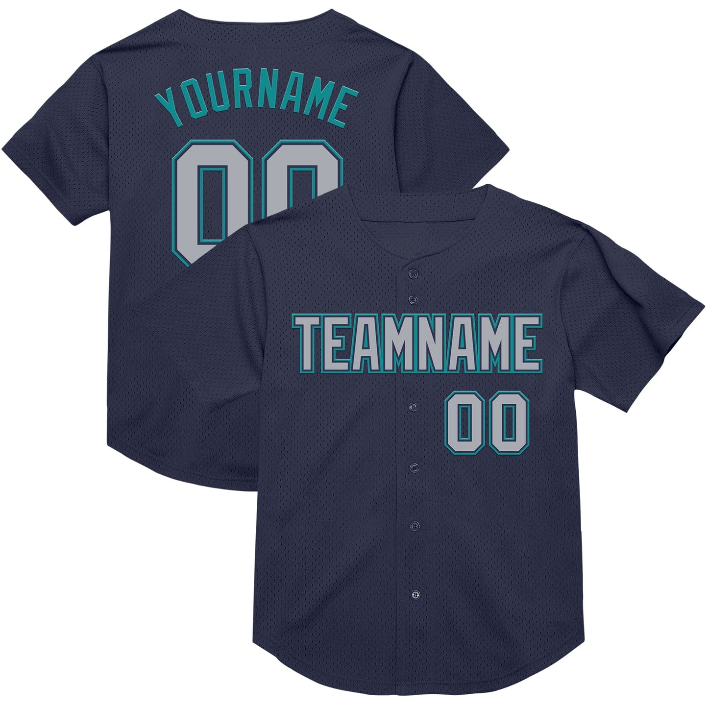 Custom Navy Gray-Teal Mesh Authentic Throwback Baseball Jersey - Main View