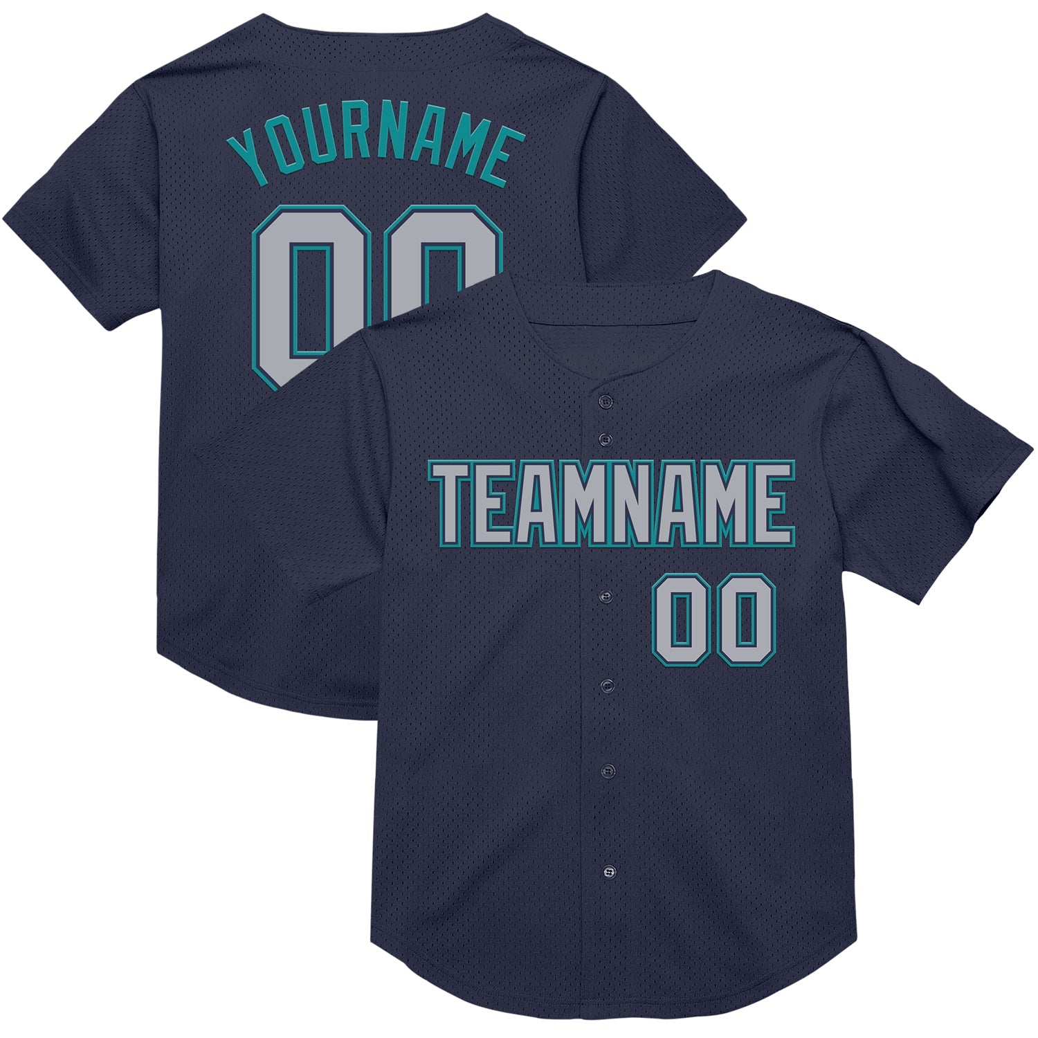 Custom Navy Gray-Teal Mesh Authentic Throwback Baseball Jersey - Main View