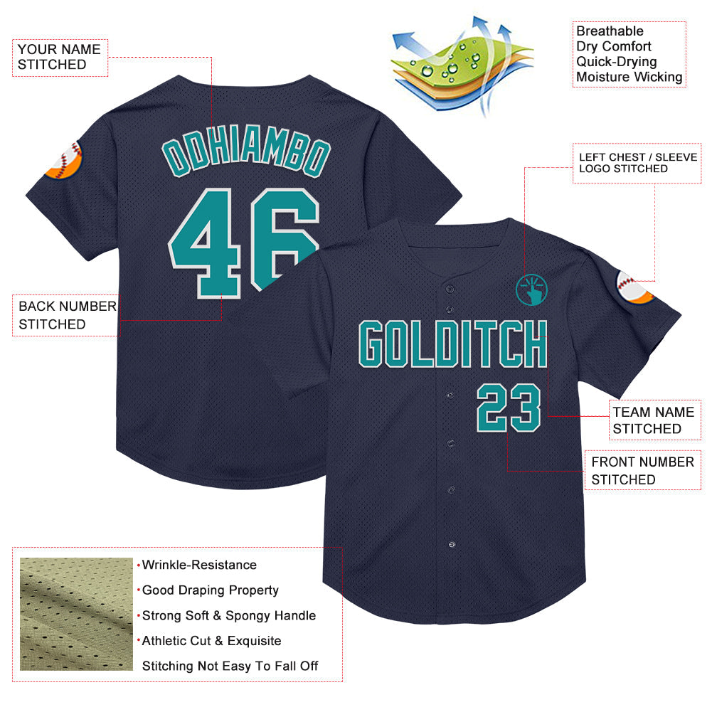 Custom Navy Teal-White Mesh Authentic Throwback Baseball Jersey view 3