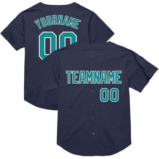 Custom Navy Teal-White Mesh Authentic Throwback Baseball Jersey - Main View