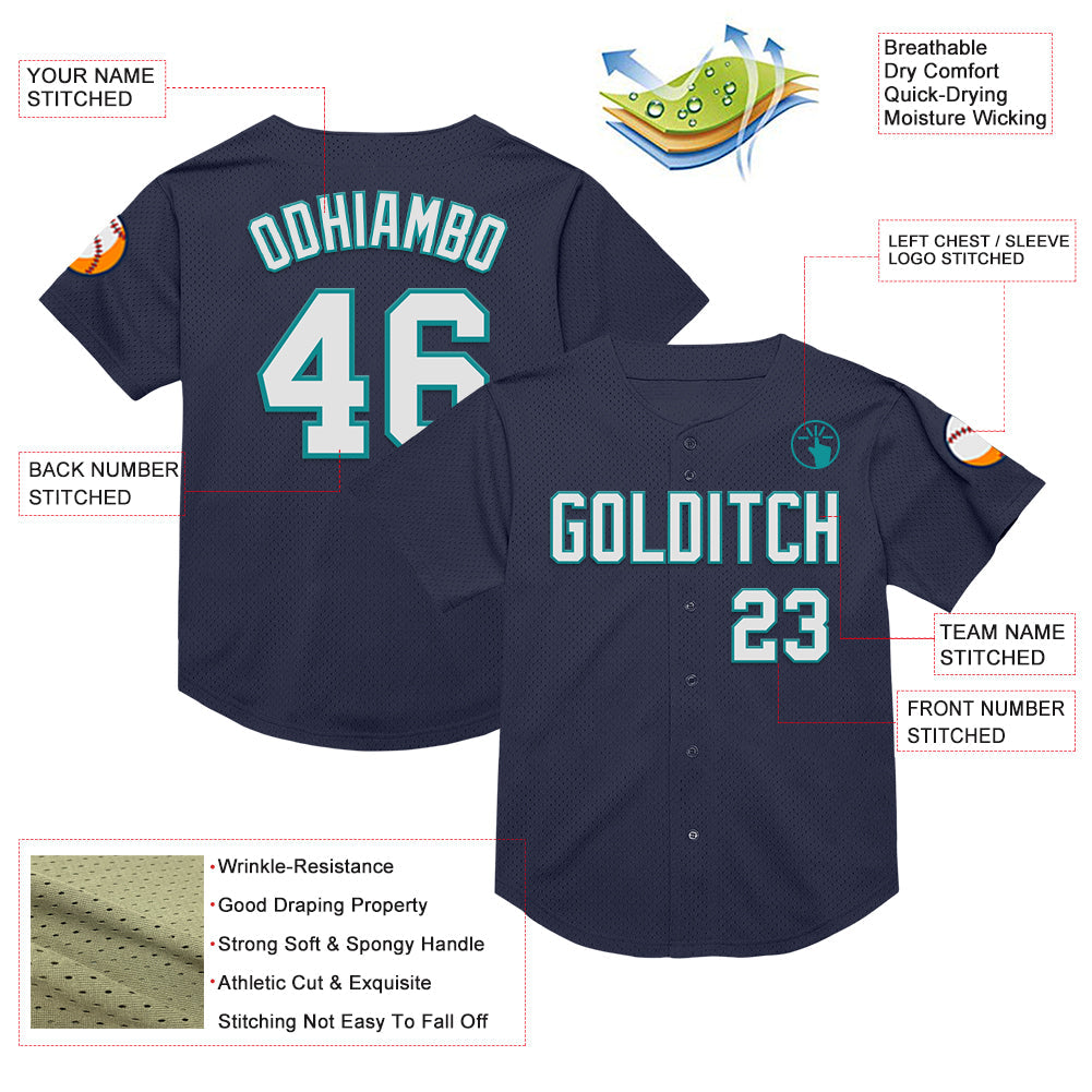 Custom Navy White-Teal Mesh Authentic Throwback Baseball Jersey view 3