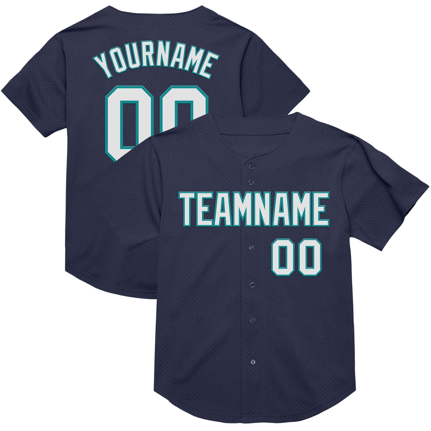 Custom Navy White-Teal Mesh Authentic Throwback Baseball Jersey - Main View