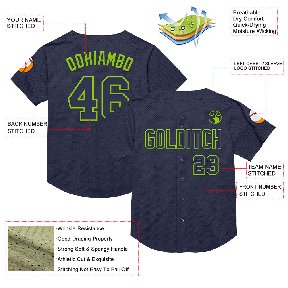 Custom Navy Neon Green Mesh Authentic Throwback Baseball Jersey view 3