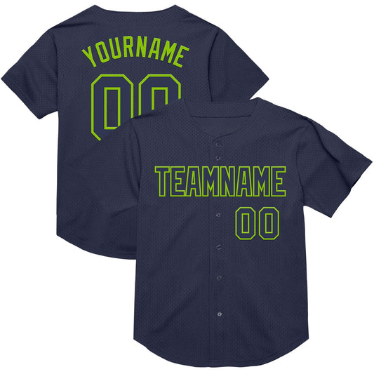 Custom Navy Neon Green Mesh Authentic Throwback Baseball Jersey - Main View