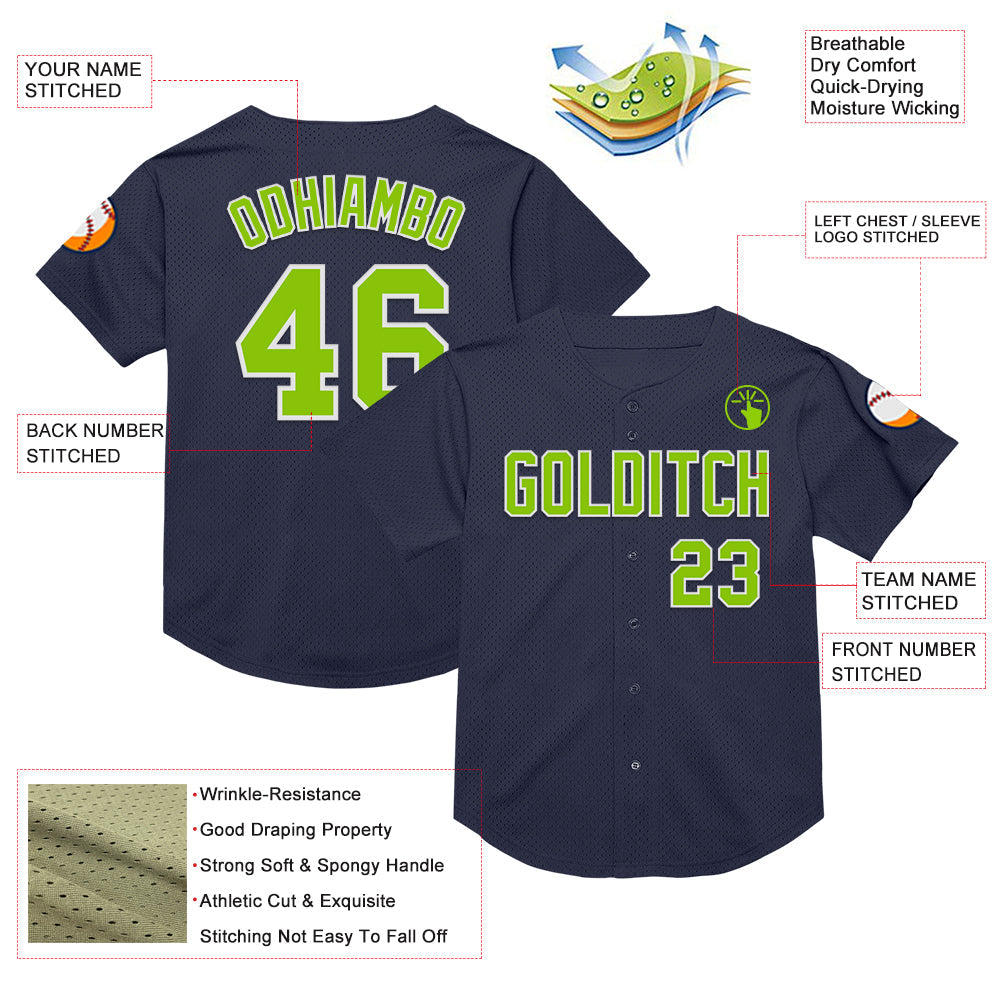 Custom Navy Neon Green-White Mesh Authentic Throwback Baseball Jersey view 3
