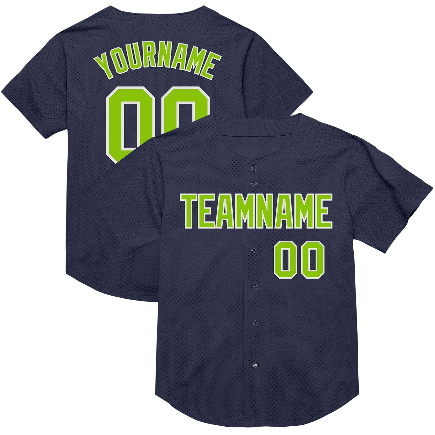 Custom Navy Neon Green-White Mesh Authentic Throwback Baseball Jersey - Main View